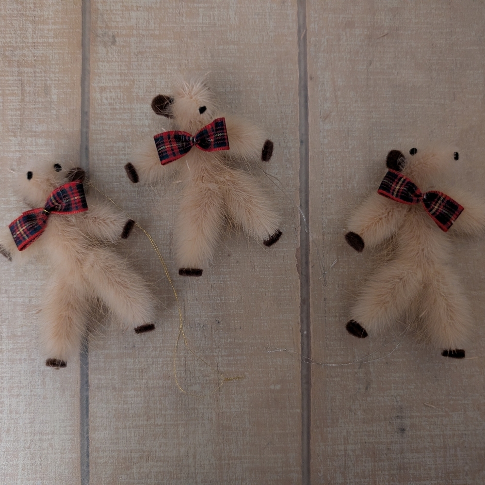Vintage Lot Of 3 Handmade Teddy Bear Christmas Tree Ornaments